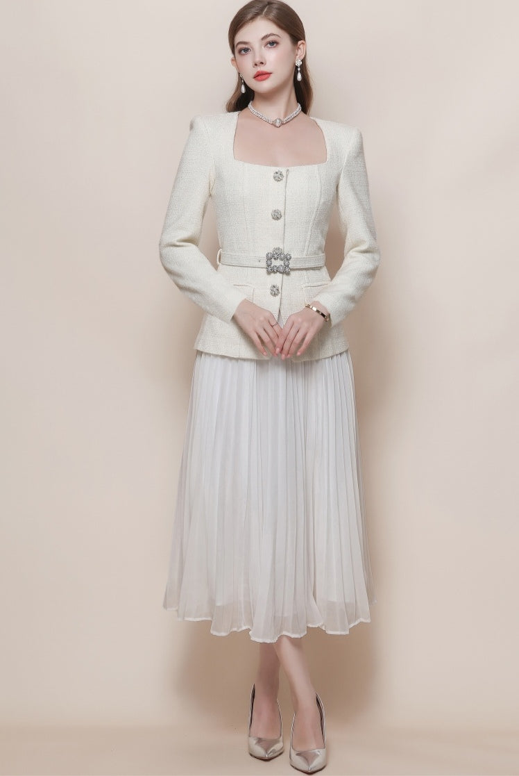 Tweed-Look Square-Neck Pleated Midi Dress