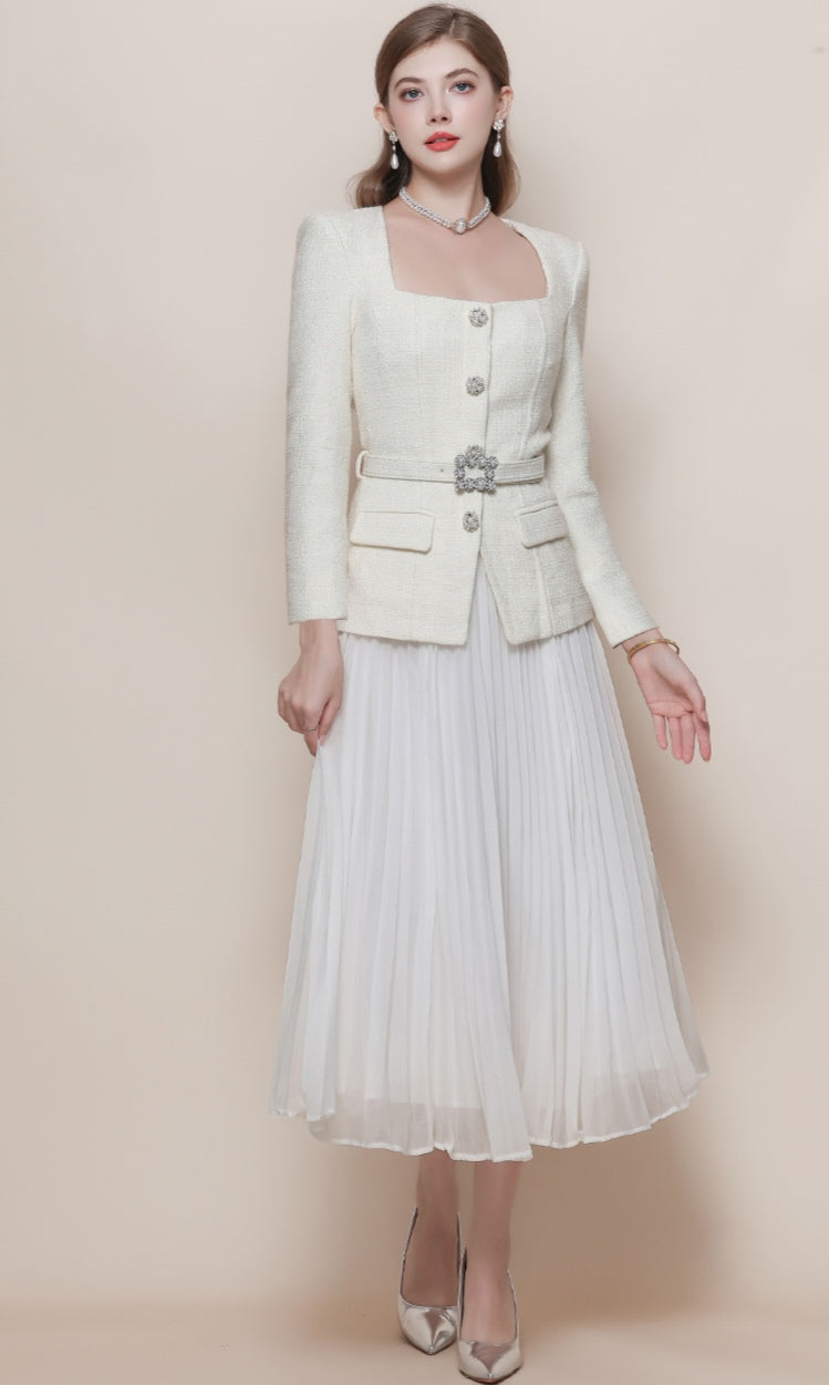 Tweed-Look Square-Neck Pleated Midi Dress
