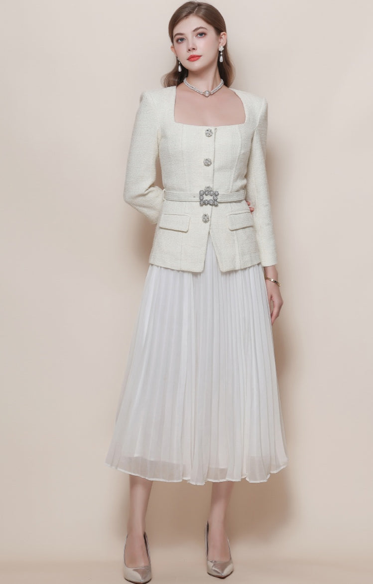 Tweed-Look Square-Neck Pleated Midi Dress