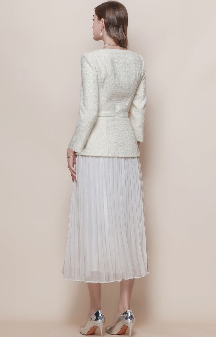 Tweed-Look Square-Neck Pleated Midi Dress
