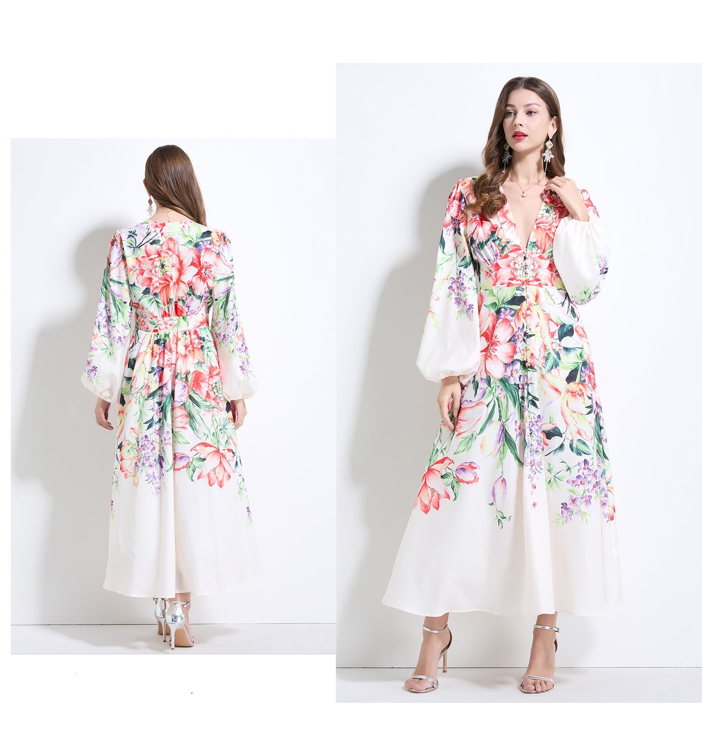 Apricot Floral V-neck Ruffle Dress