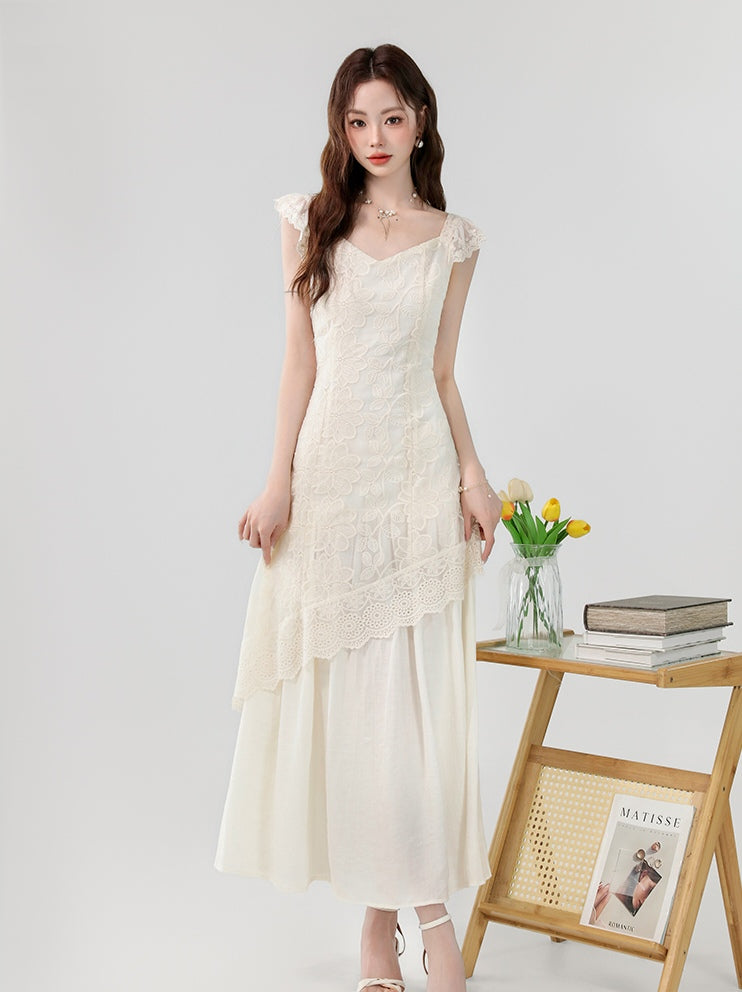 Apricot V-neck Gentle and Elegant Lace Embroidery Irregular Long Dress