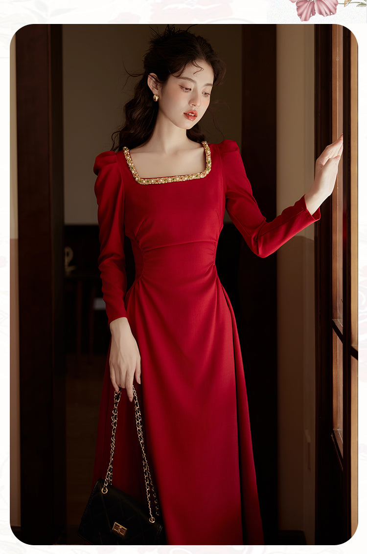 Beaded Square Neck Puff Sleeve Midi Dress