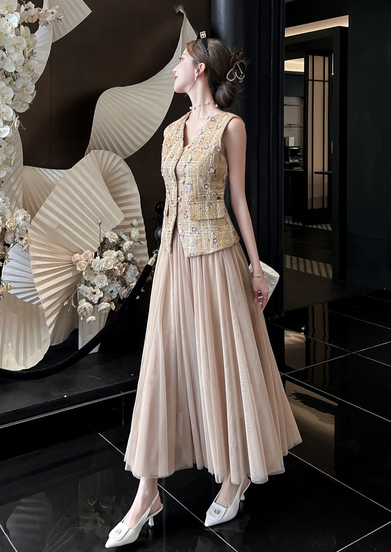 Beige Tweed Vest with Pleated Tulle Skirt