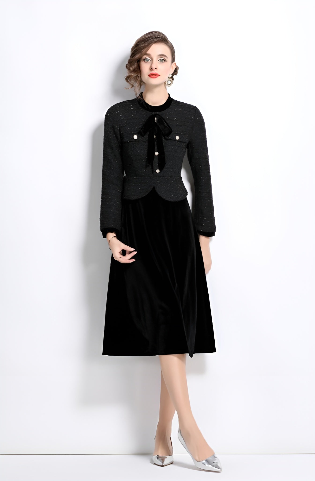 Black Fake Two Pieces Cotton Tweed Top Stitching Velvet Fashionable Dress