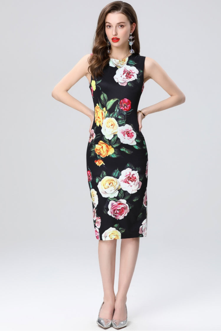 Black Floral Sleeveless Slim Dress
