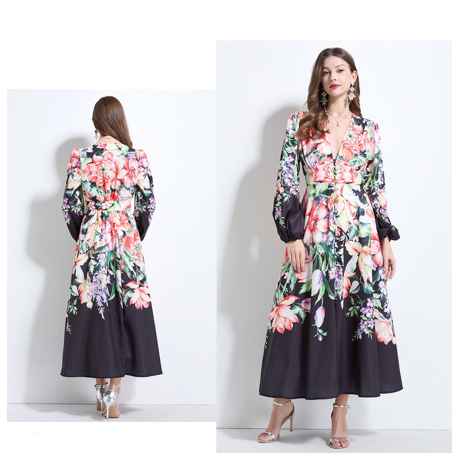 Black Floral V-neck Ruffle Dress