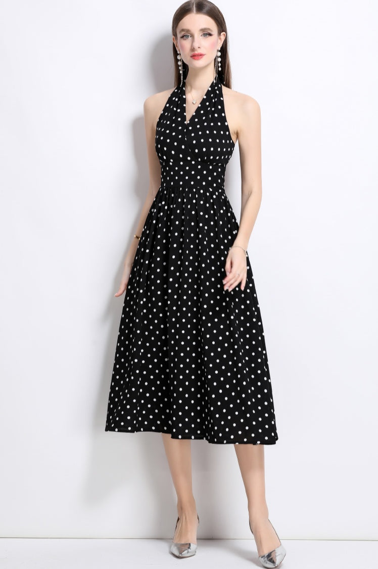 Black Halter Neck Polka Dot Dress
