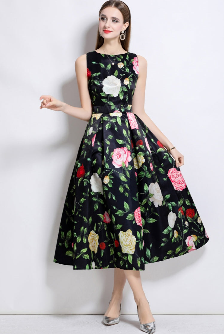 Black Round Neck Floral Sleeveless Mid-length Dress