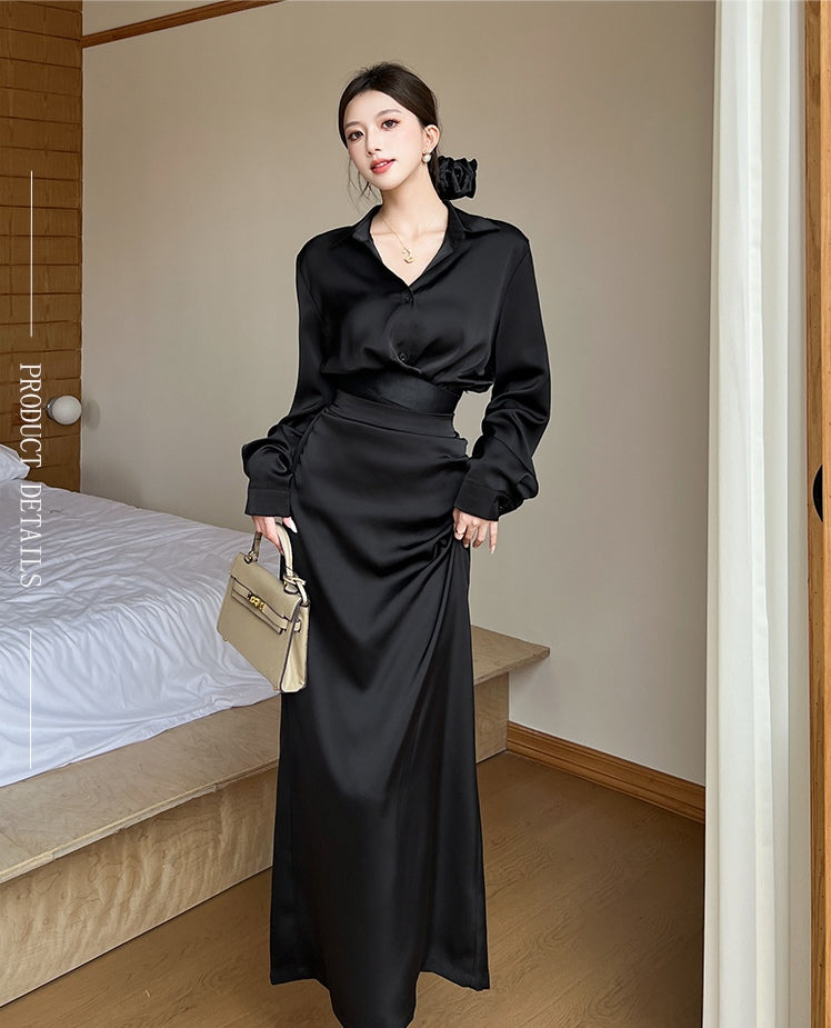 Black High Waisted Satin Skirt and Blouse Set