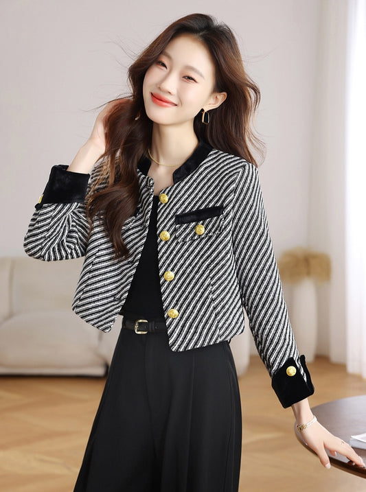 Black and White Tweed Office Blazer - Ladies' Cropped Coat with Velvet Cuffs