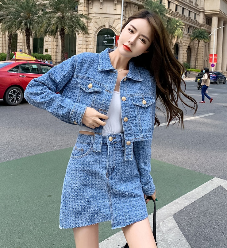 Blue Denim Jacket + Mini Skirt Two Pieces Set
