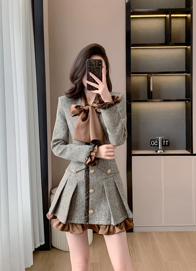 Brown and Gray Tweed Button-Front Dress with Satin Bow Tie and Ruffles
