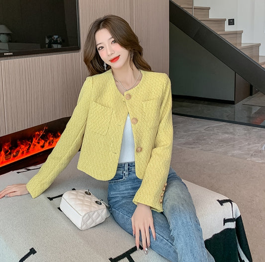 Chic Short Yellow Tweed Jacket - Ladies' Cropped Coat with Round Neck