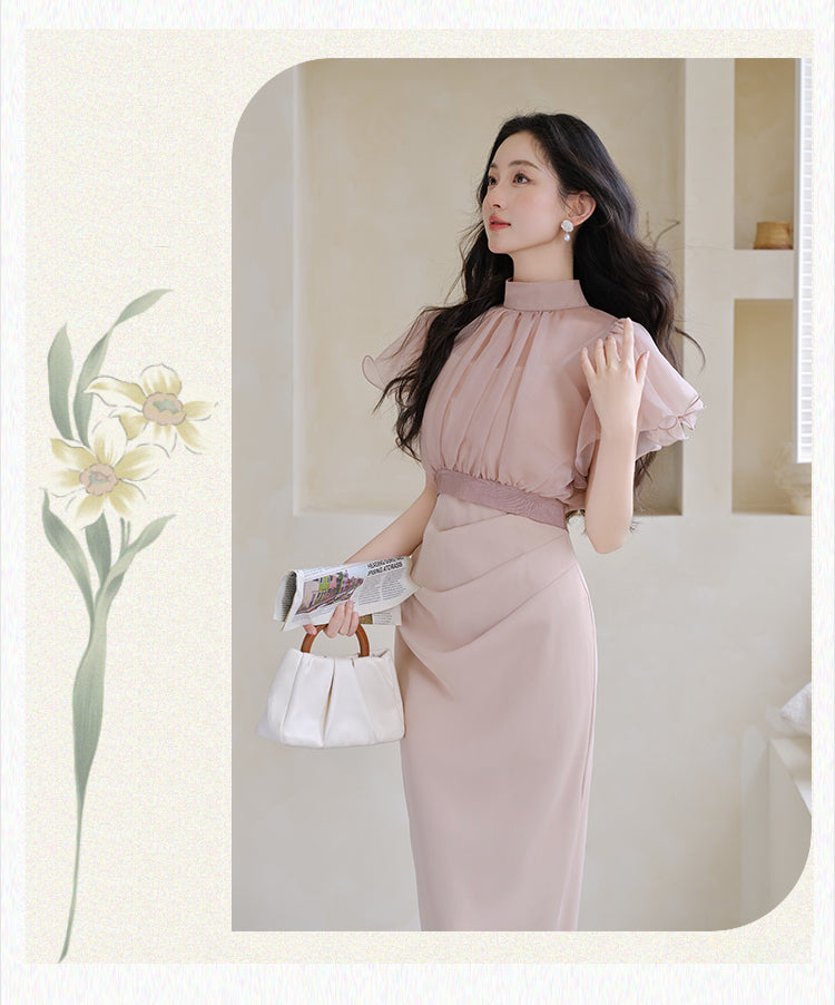 Chiffon Ruffle Sleeve High Neck Dress
