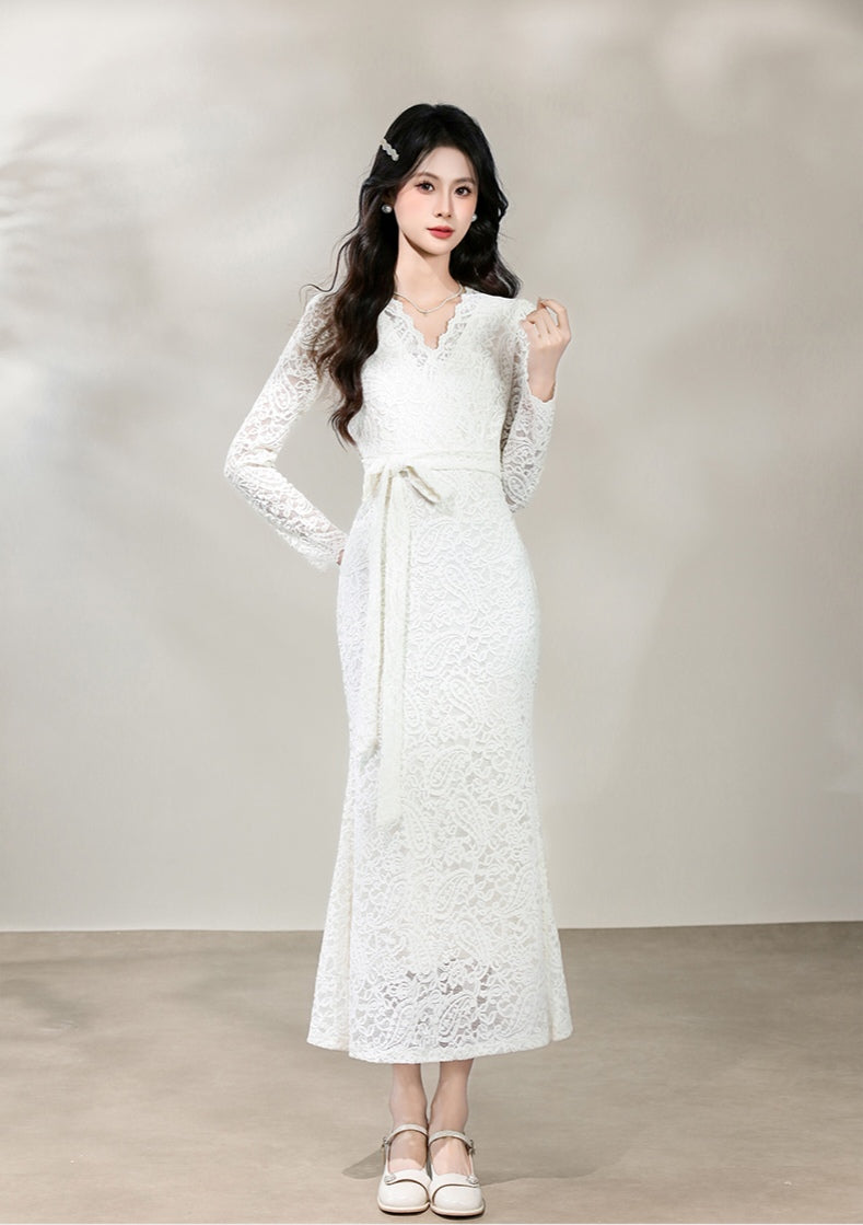 Elegant Lace Formal Wrap Dress Long Sleeve Midi Cocktail Gown