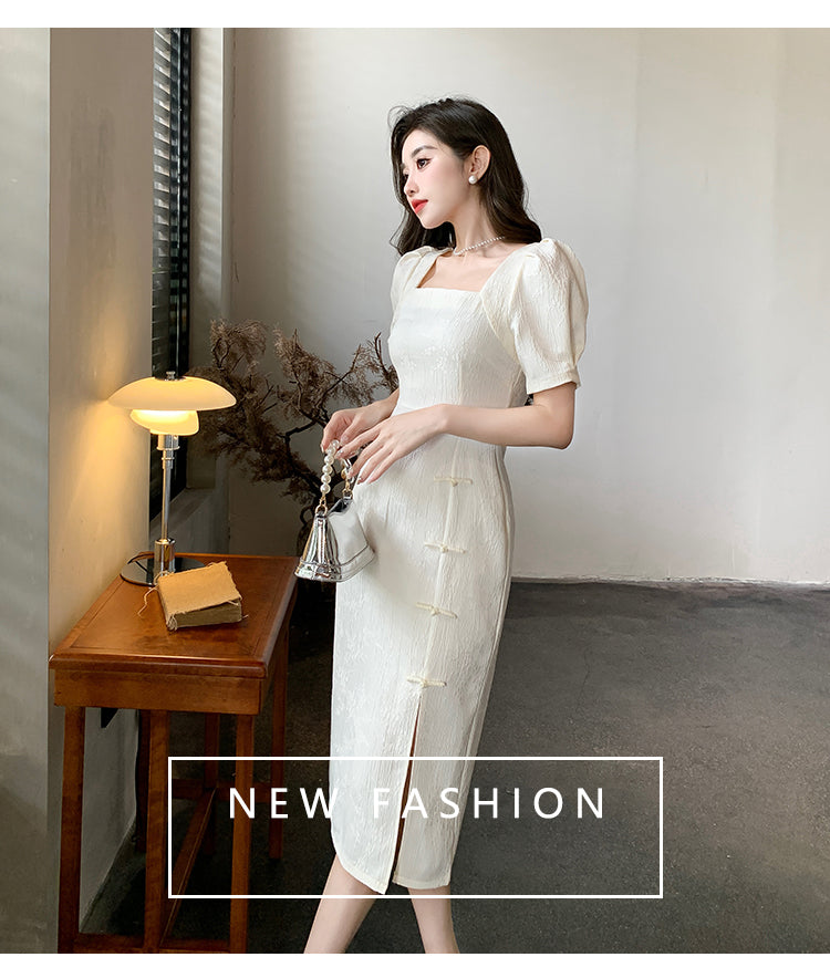 Elegant Square Collar Slit Dress