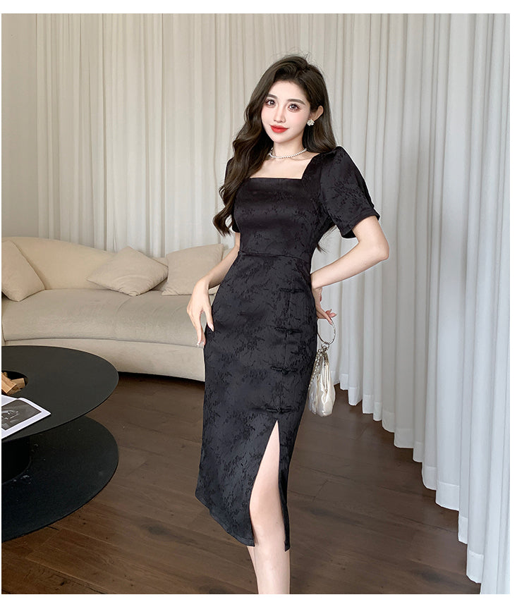Elegant Square Collar Slit Dress