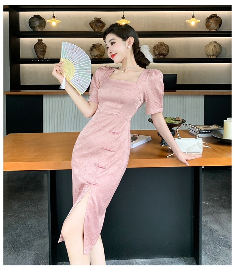 Elegant Square Collar Slit Dress