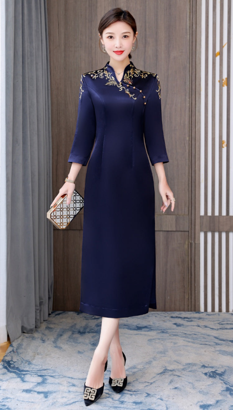 Embroidered Navy Blue Cheongsam Dress