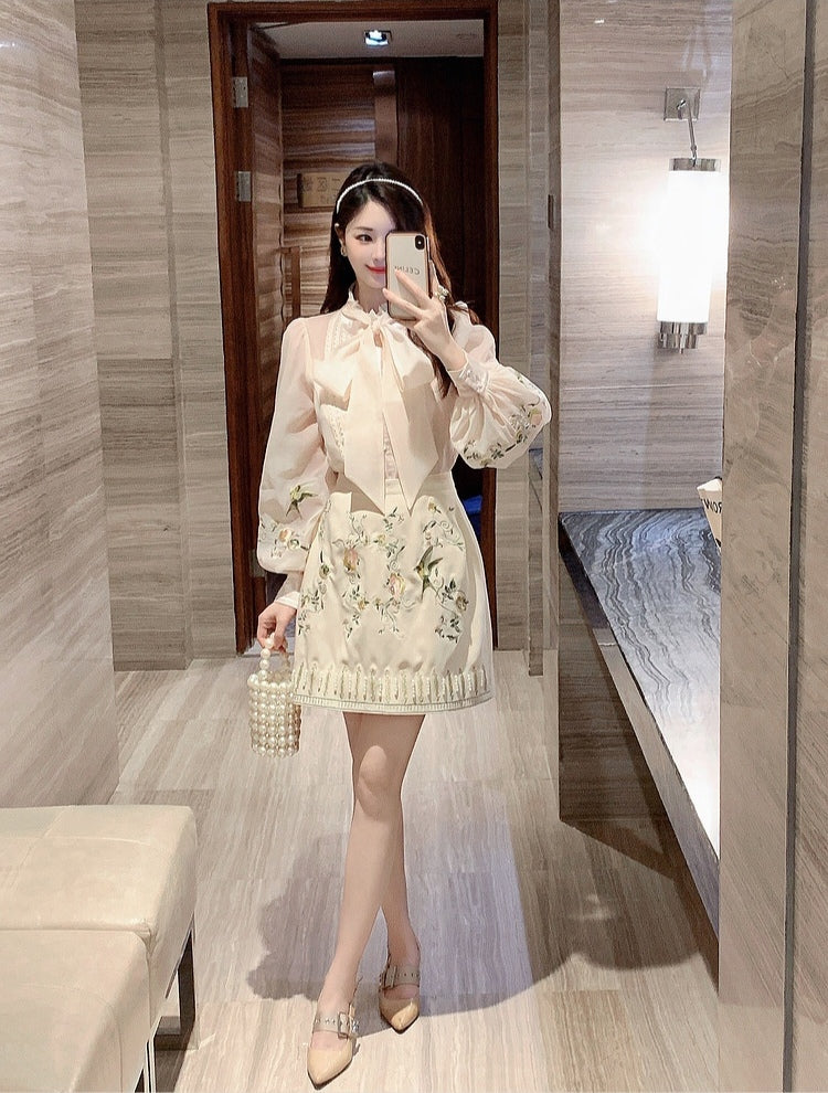 Embroidery lace-up bowTop + Skirt Two Pieces Set