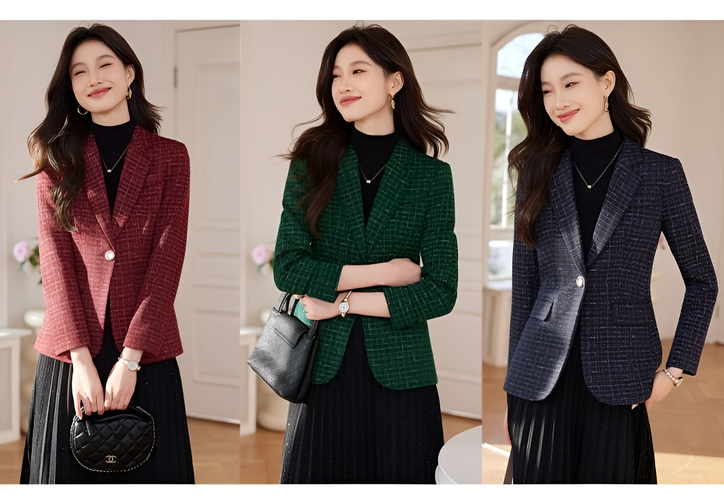 Fashionable Women's Cotton Tweed Plaid Suit Jacket