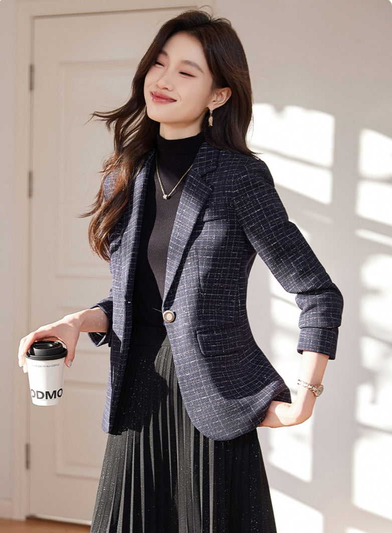 Fashionable Women's Cotton Tweed Plaid Suit Jacket