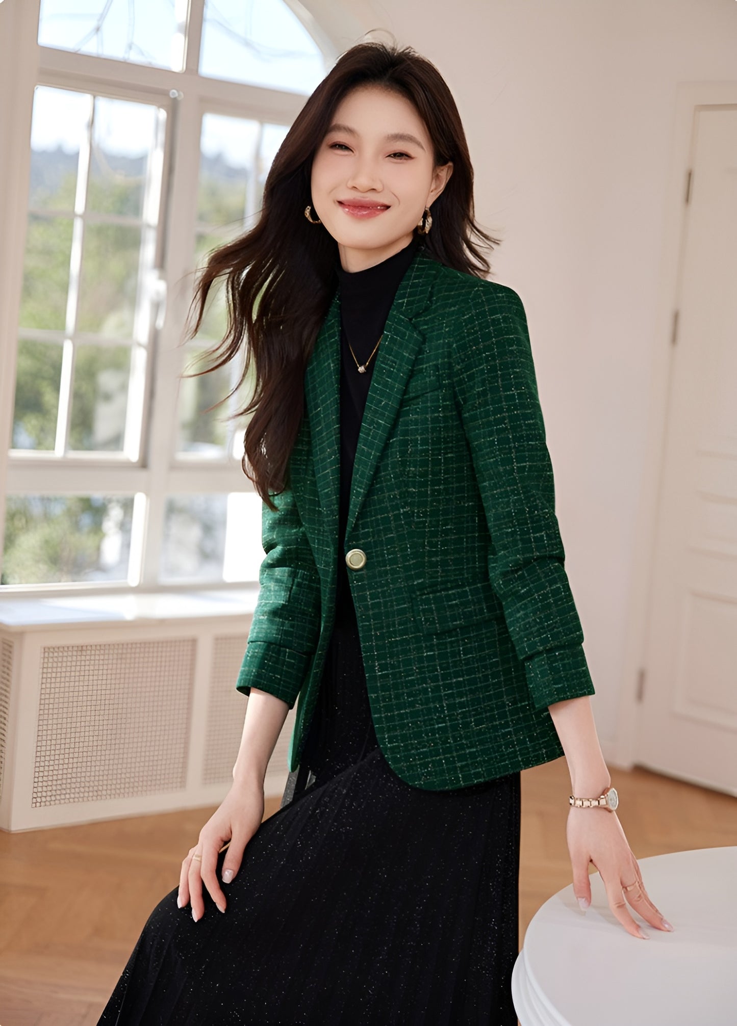 Fashionable Women's Cotton Tweed Plaid Suit Jacket