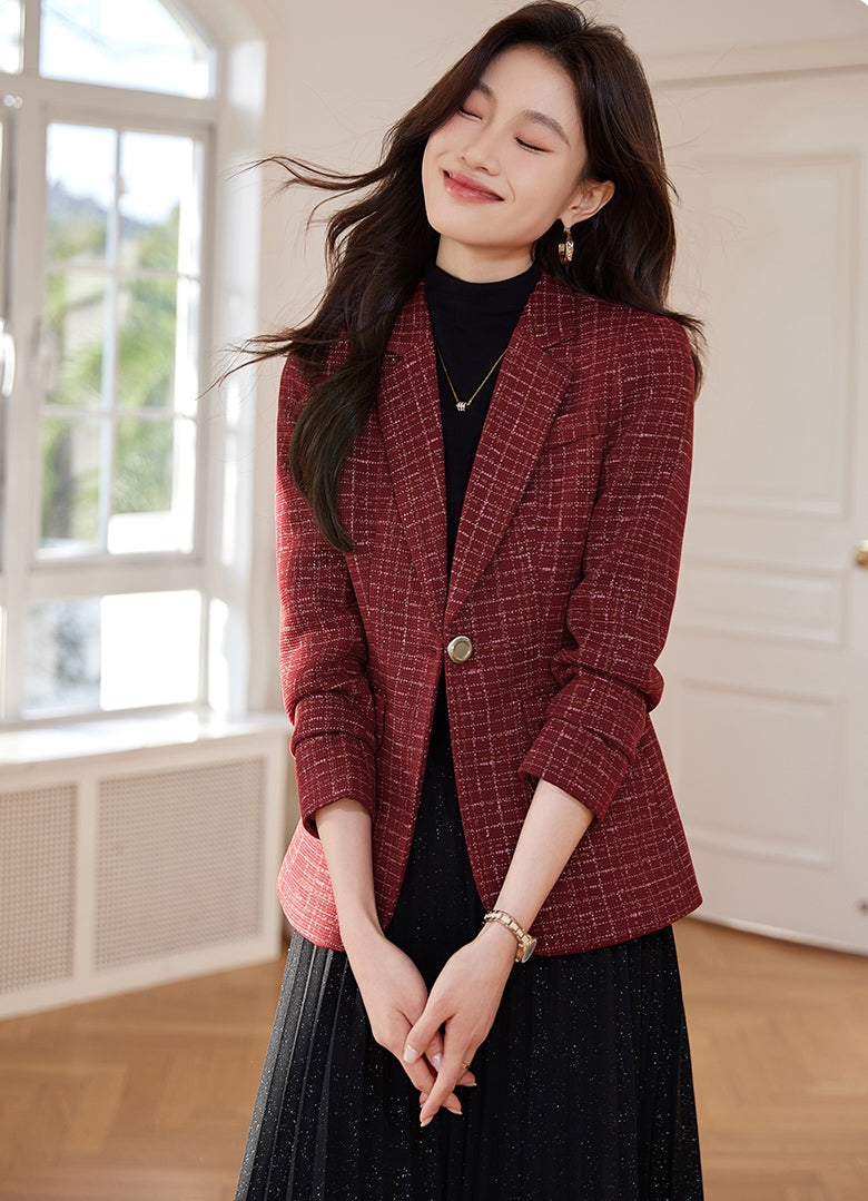 Fashionable Women's Cotton Tweed Plaid Suit Jacket