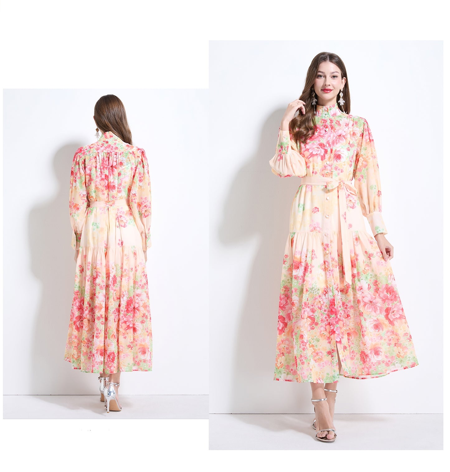 Floral Long-sleeve Chiffon Dress