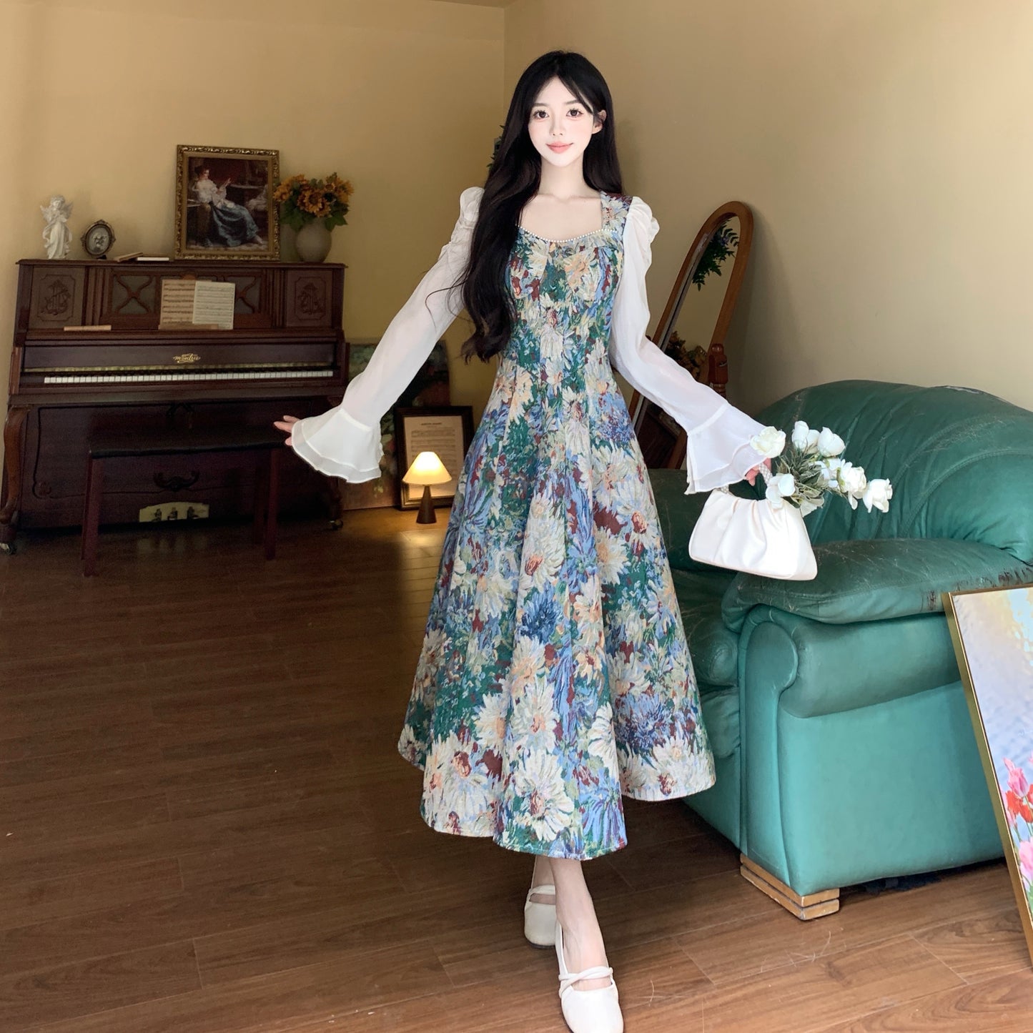 Floral Square Neck Elegant Floral Dress