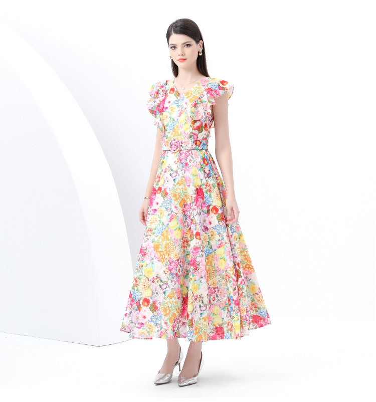 Floral V-neck Ruffled Long Dress