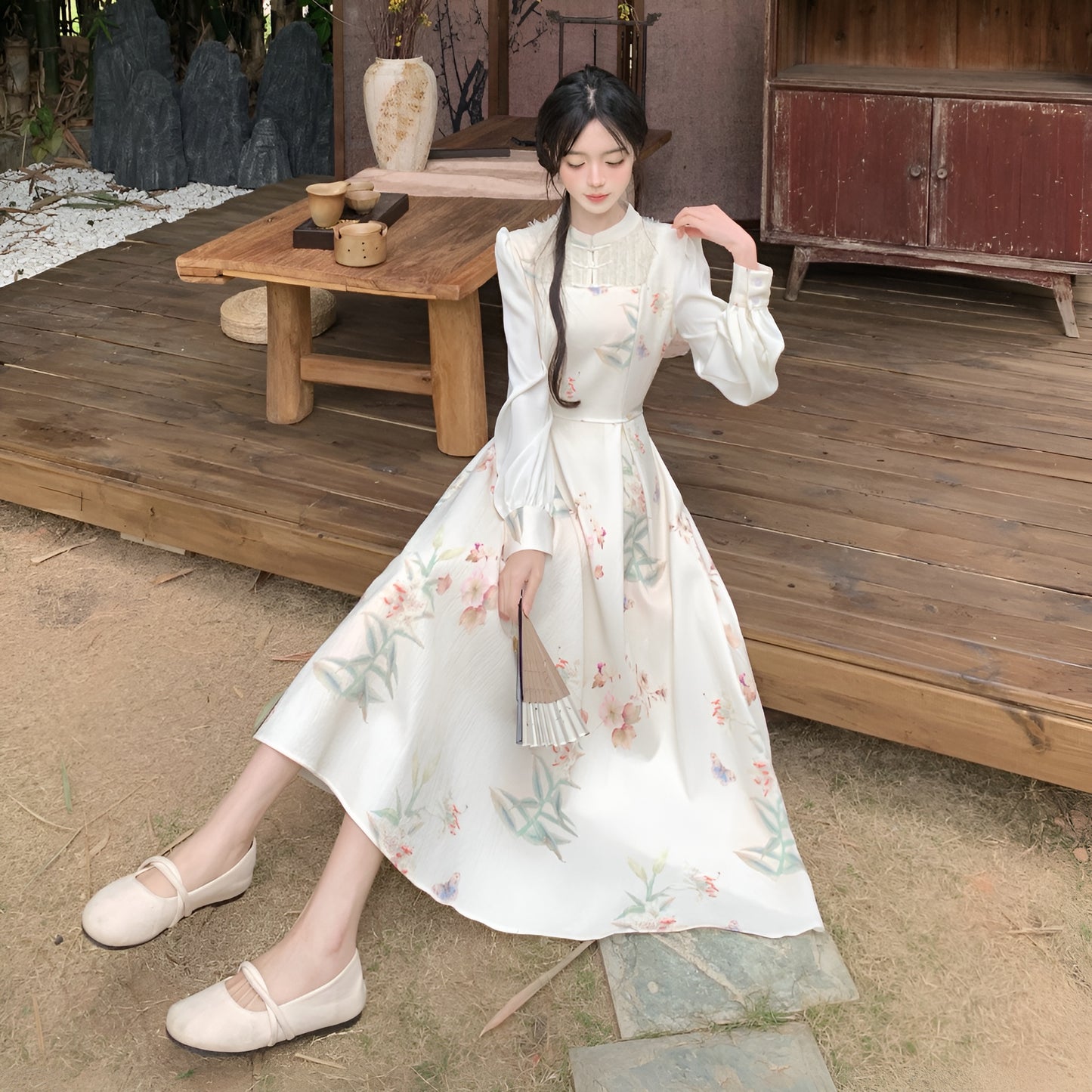Floral Off White Mid length Cheongsam Dress