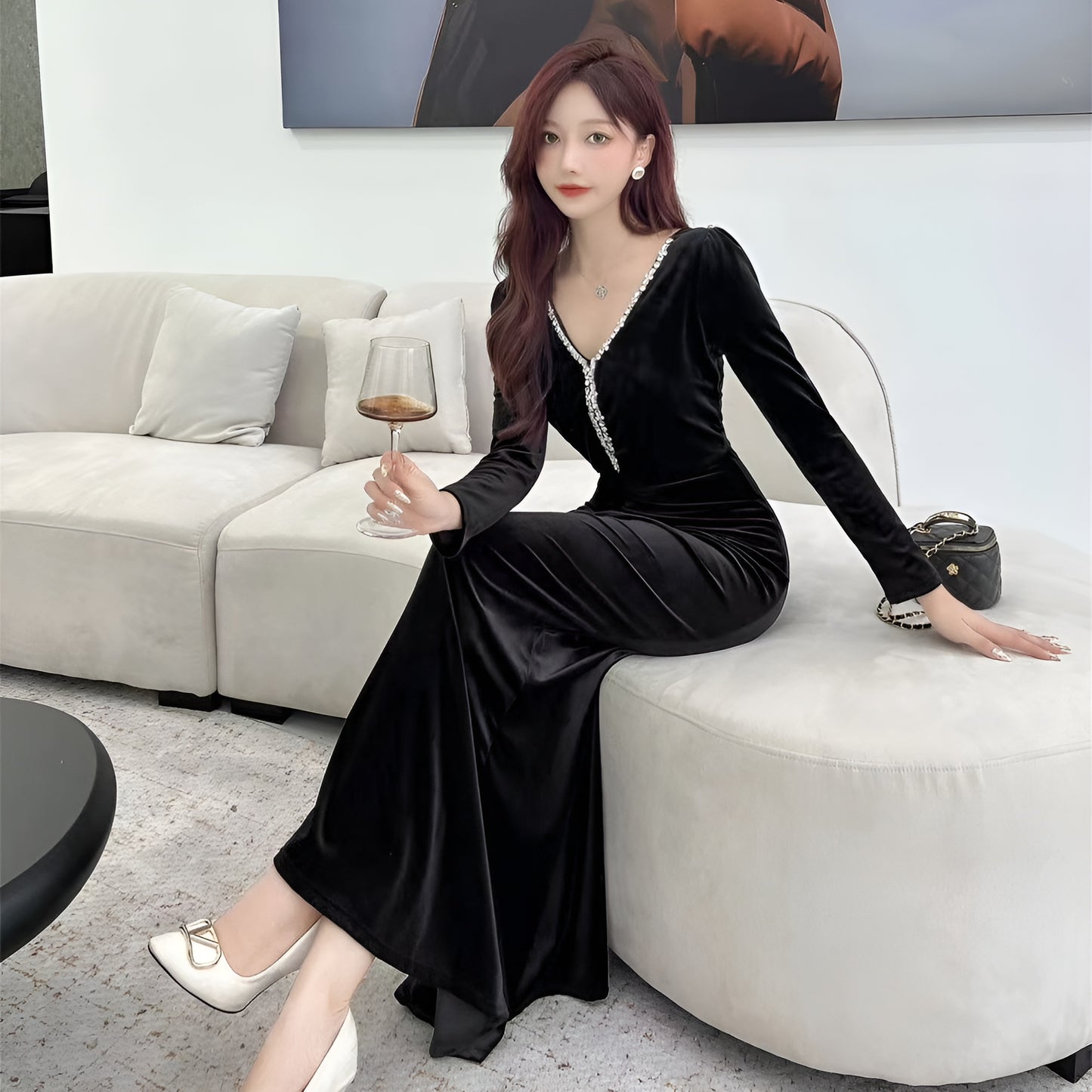 Gold Velvet Long-sleeved Decorated Dress