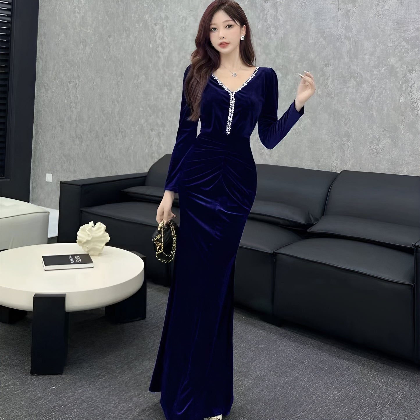 Gold Velvet Long-sleeved Decorated Dress
