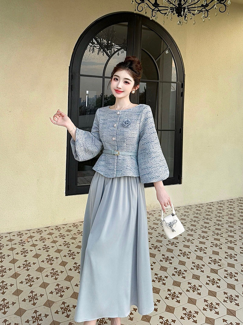 Greyish Blue Cotton Tweed Top + Skirt Two Pieces Set