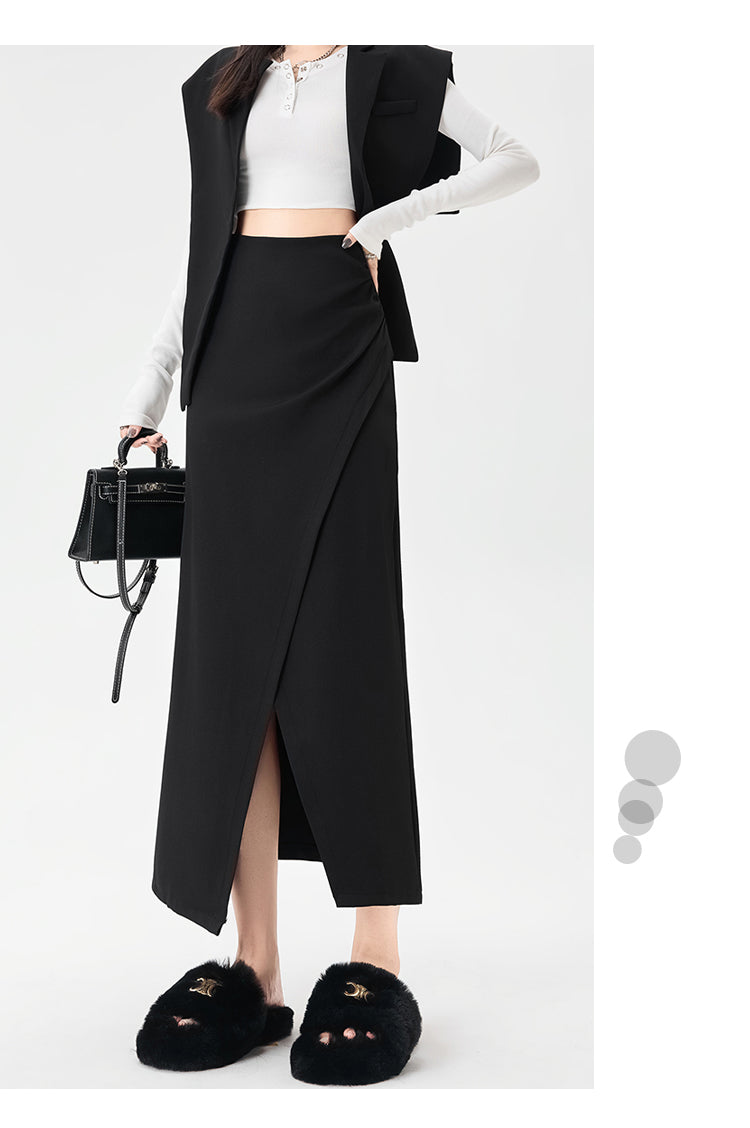 High Waist Irregular Pleated Slit Skirt