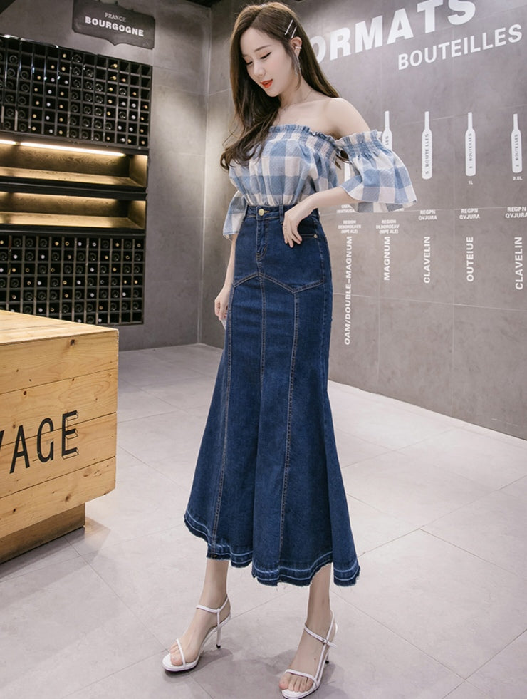 Blue Denim High Waist Mermaid Maxi Skirt