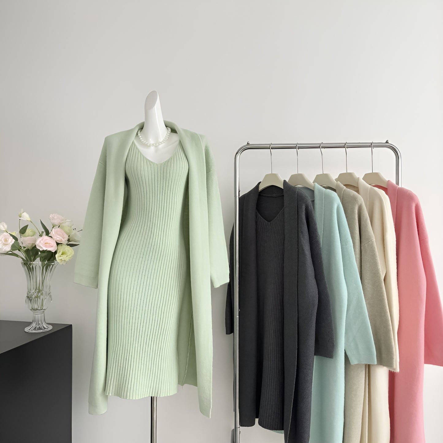 Knitted Cardigan + Sleeveless Dress Two Pieces Set