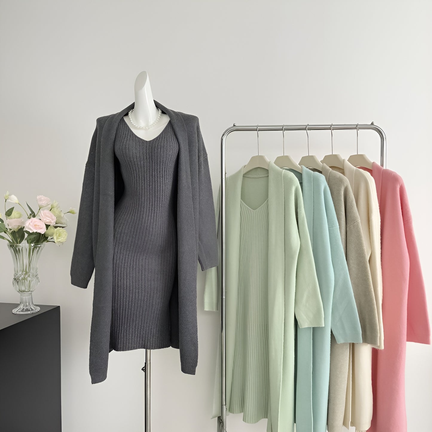 Knitted Cardigan + Sleeveless Dress Two Pieces Set