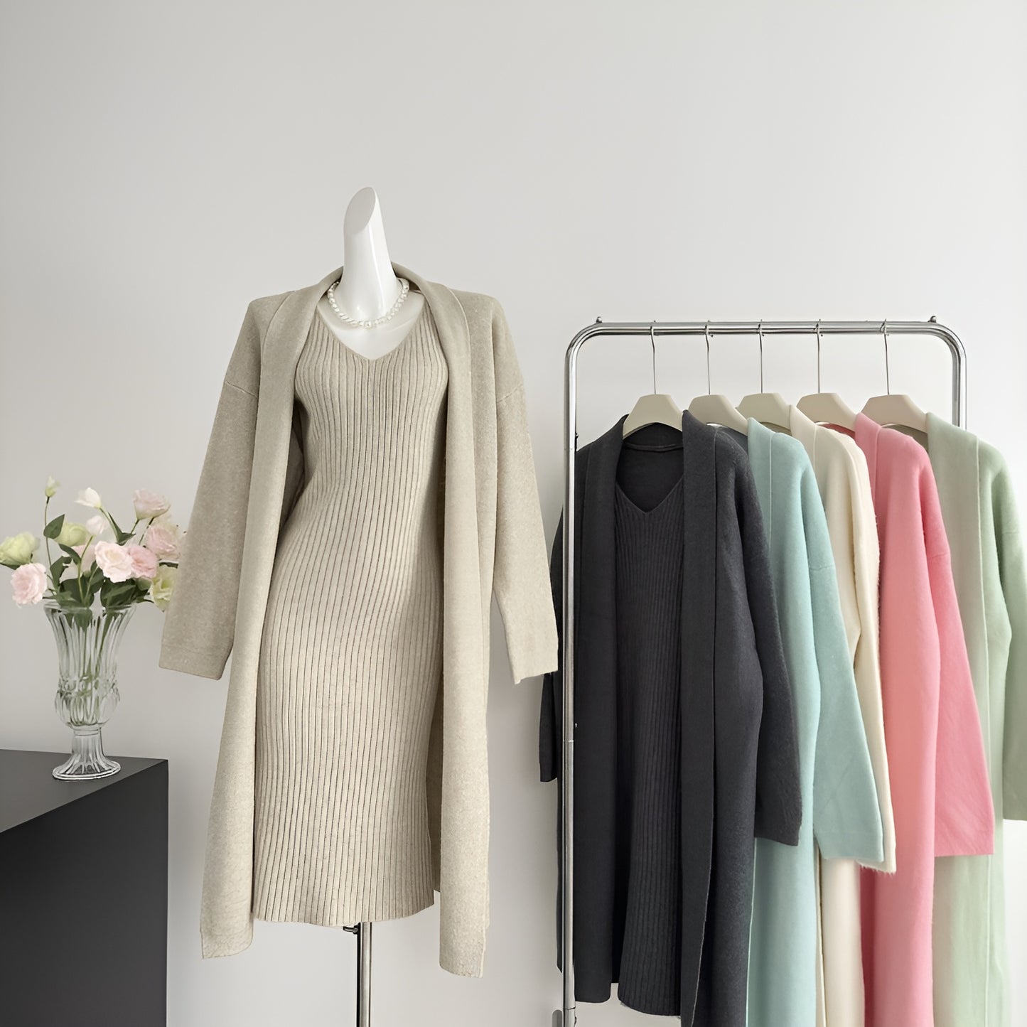 Knitted Cardigan + Sleeveless Dress Two Pieces Set