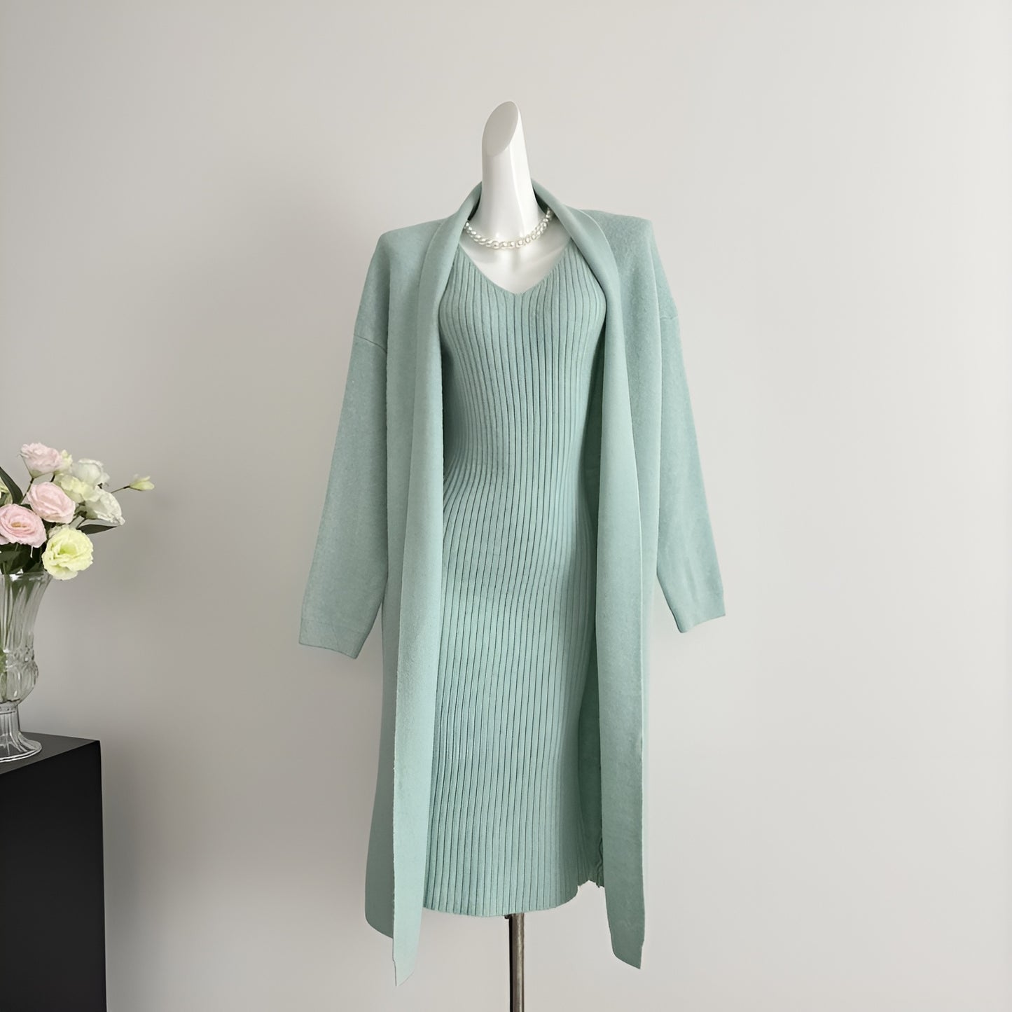 Knitted Cardigan + Sleeveless Dress Two Pieces Set
