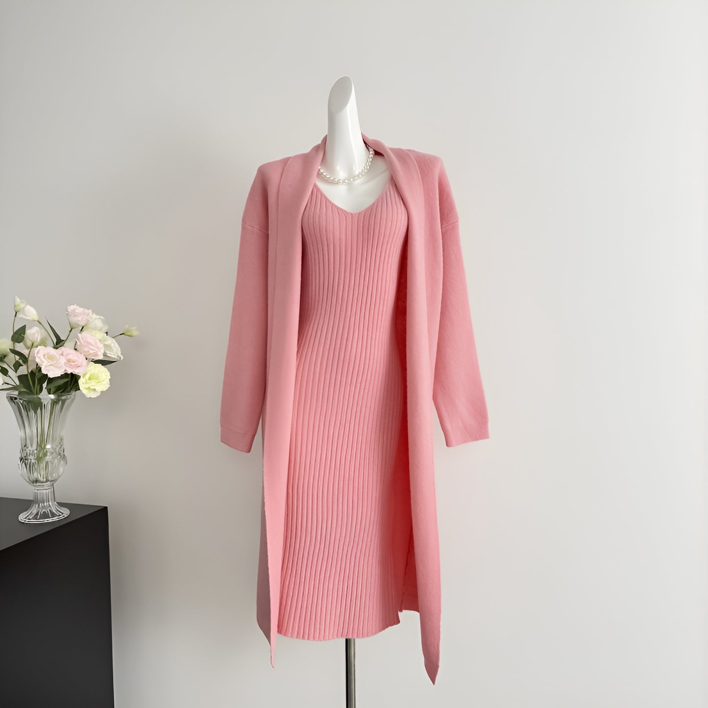 Knitted Cardigan + Sleeveless Dress Two Pieces Set
