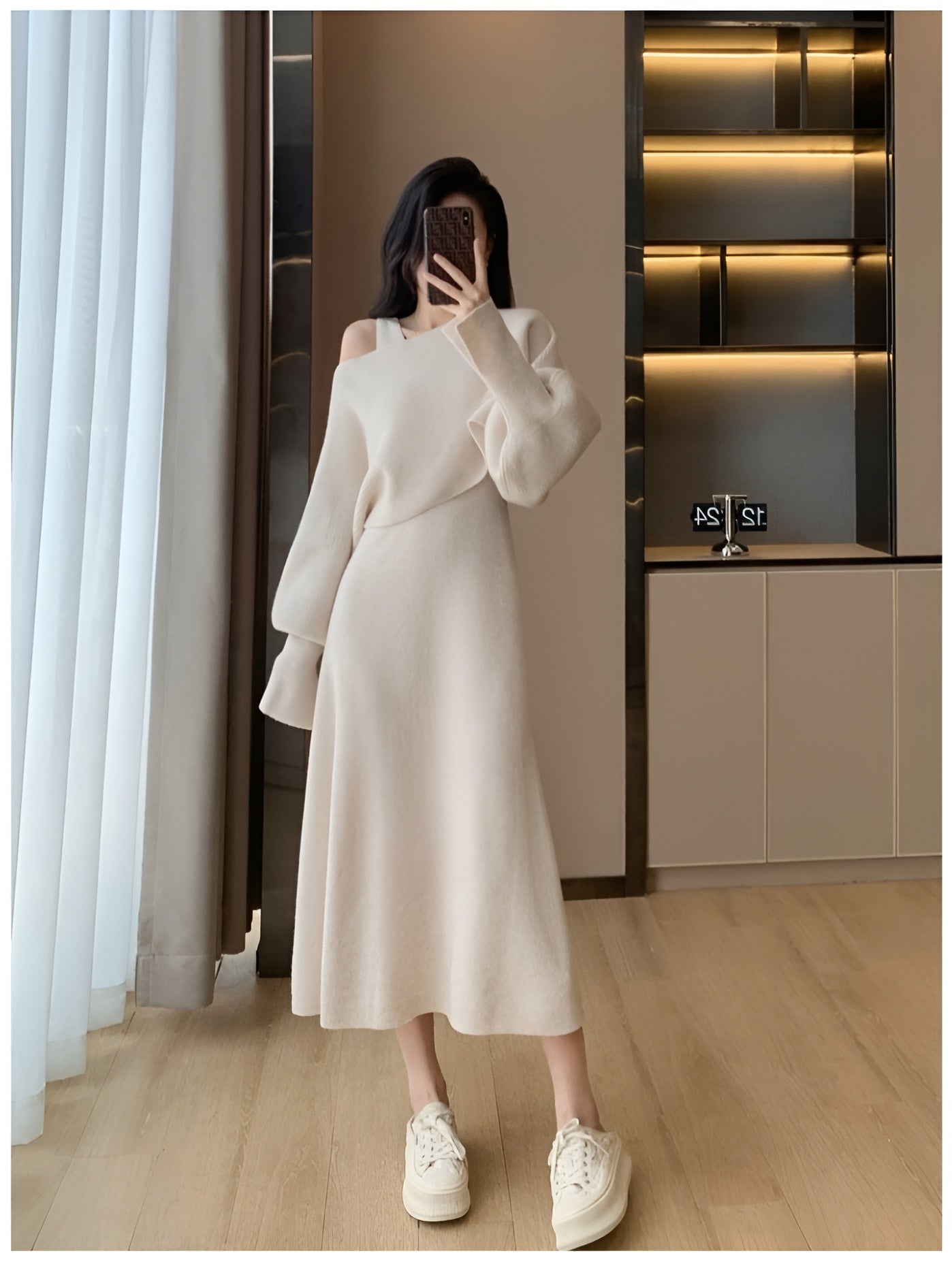 Knitted Raglan Shawl + Sleeveless Dress Two Pieces Set