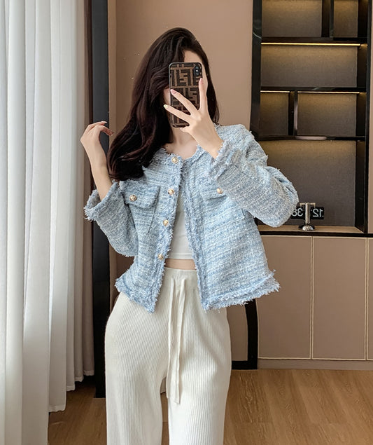 Bouclé Tweed Crop Jacket - French Style with Frayed Trim