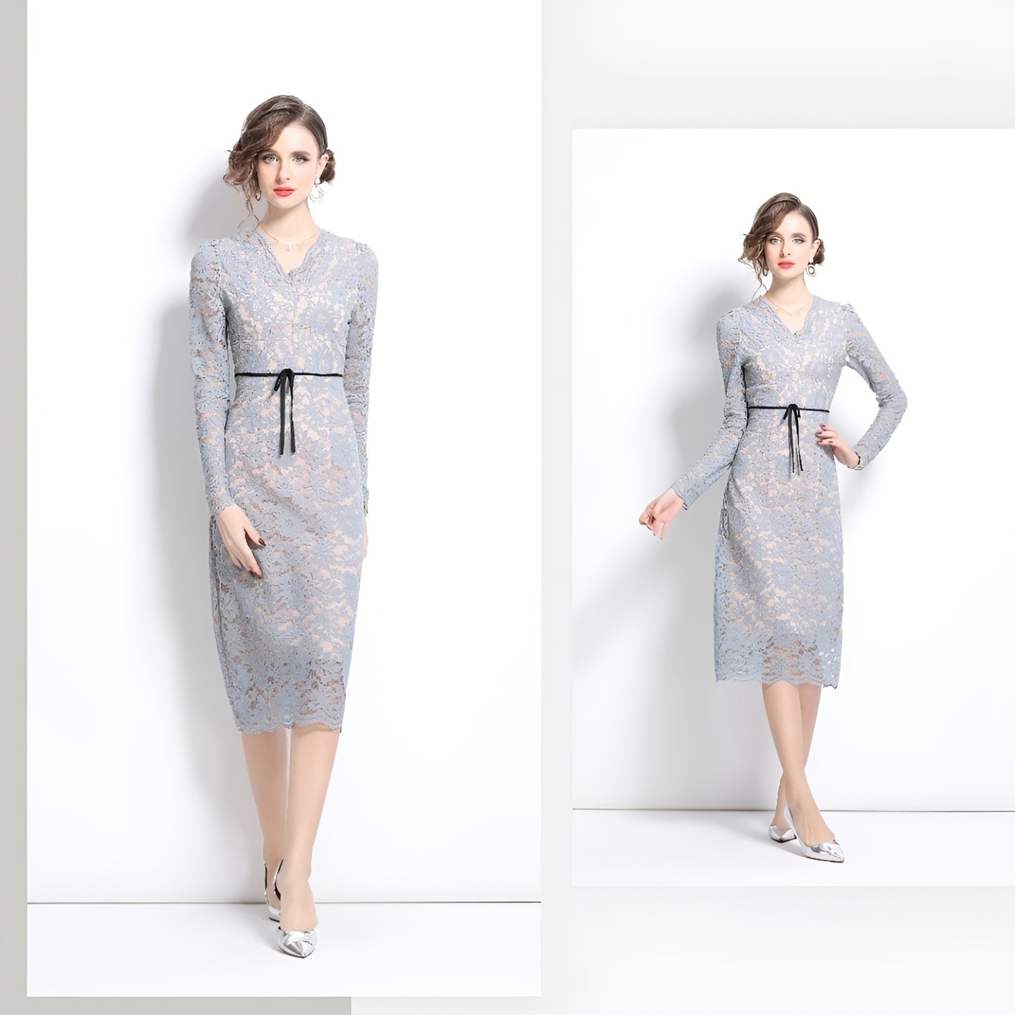 Light Blue V-neck Lace Elegant Dress