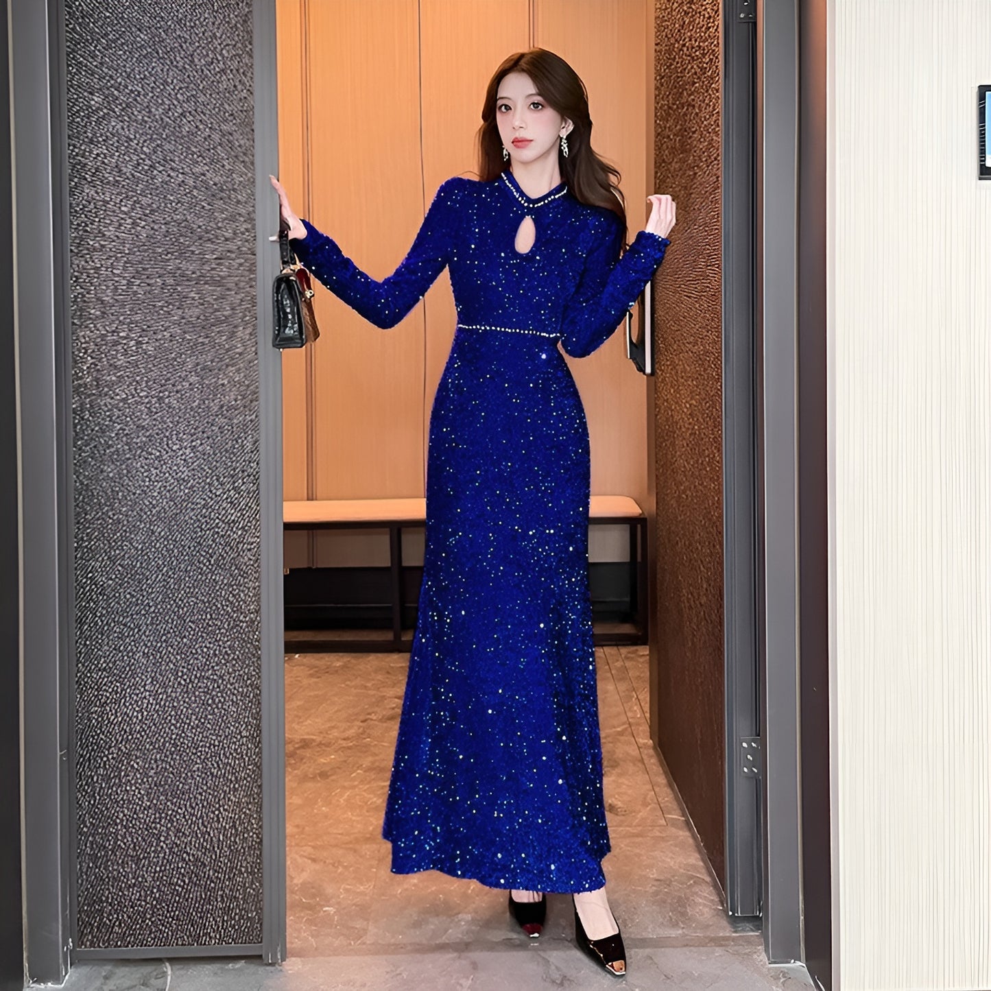 Long-sleeve Sequined Elegant Evening Dress