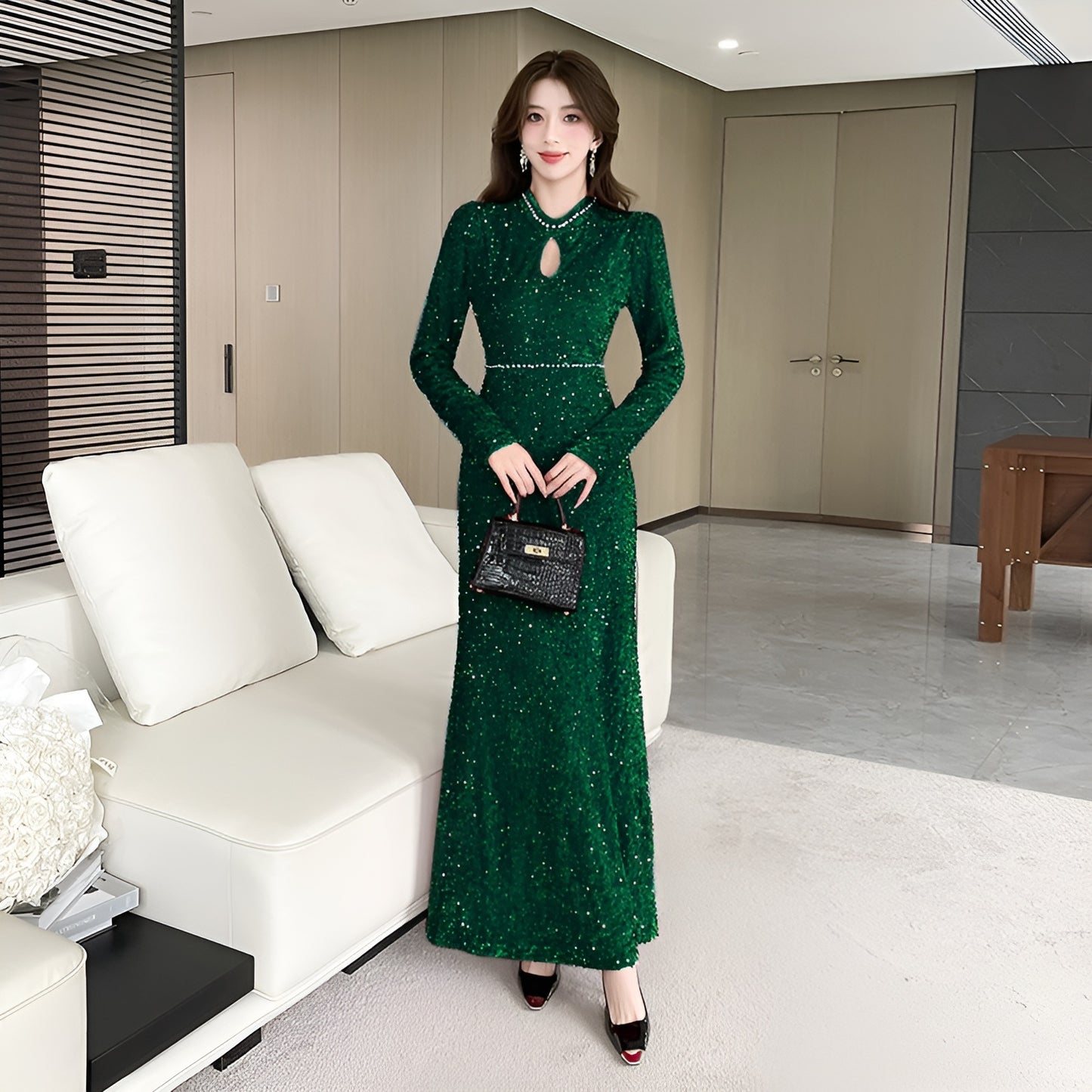 Long-sleeve Sequined Elegant Evening Dress