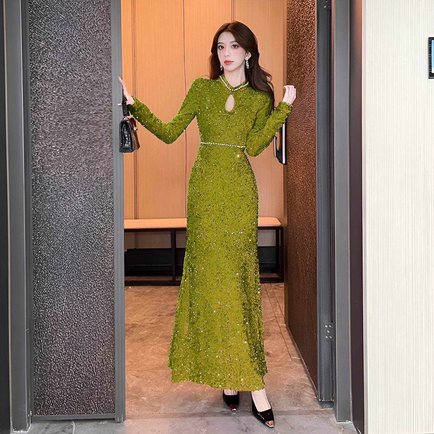 Long-sleeve Sequined Elegant Evening Dress