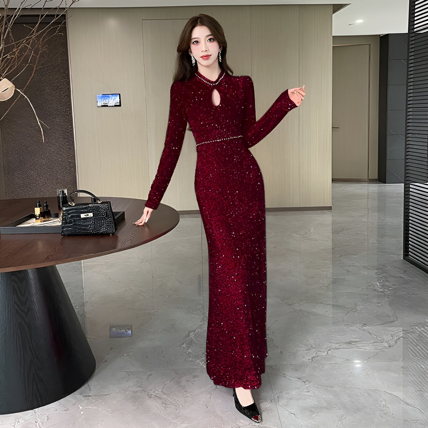 Long-sleeve Sequined Elegant Evening Dress